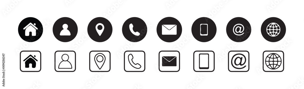 Contact and UI Icon Set – Home, User, Phone, Location, Mail & Mobile Symbols Vector. Contact and UI Icon Set – Home, User, Phone, Location, Mail & Mobile Symbols Vector.