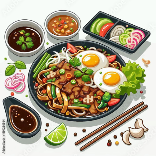 Noodle dish eggs and condiments grace a stylized mouthwatering scene