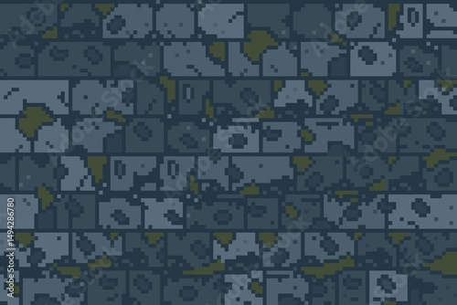 Pixel art texture of a cracked stone floor or wall with visible moss and weathered damage. The design uses shades of gray and green, evoking a dark, dungeon-like atmosphere ideal for game design