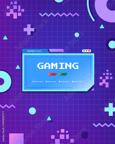 Vertical Gaming Overlay with Retro Interface and Geometric Elements