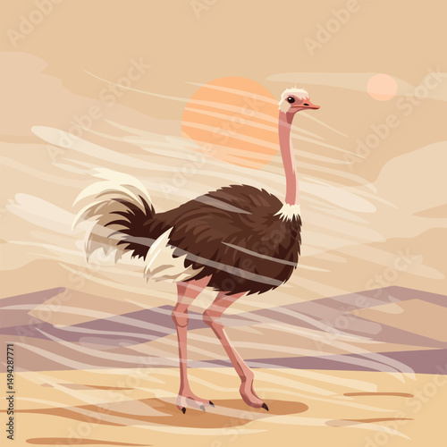 Ostrich Walking Across Desert Landscape with a Blustery Wind