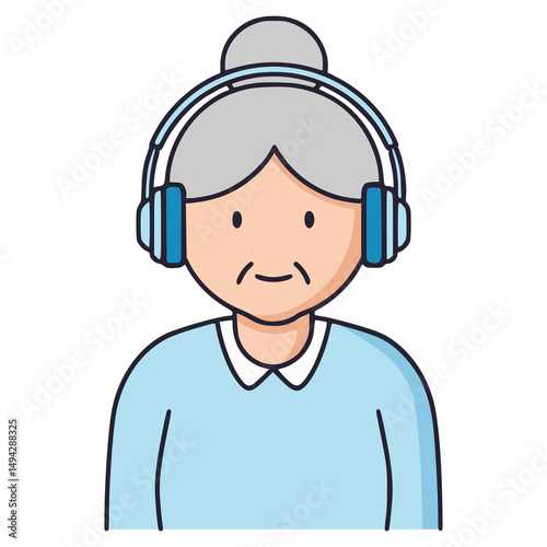 old grandma wearing headphone flat color vector illustration template design
