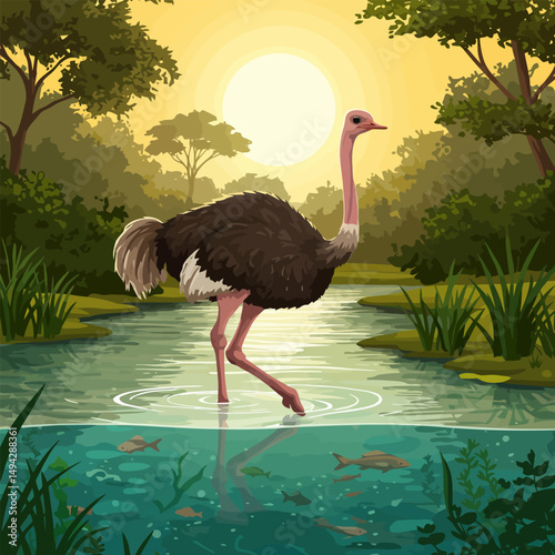 Ostrich Wading Through Shallow Water in Forest at Sunrise