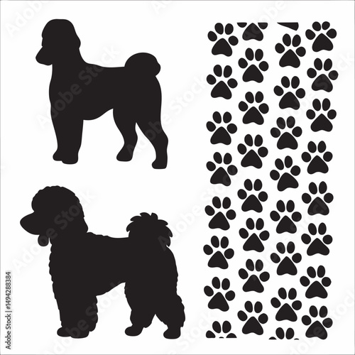 Black vector dog silhouettes, including various puppy and poodle breeds, illustrate domestic animal outlines
