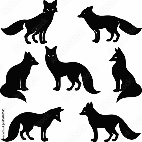 Black vector silhouettes of domestic animal icons including dogs, cats, and horses in a wild animal collection