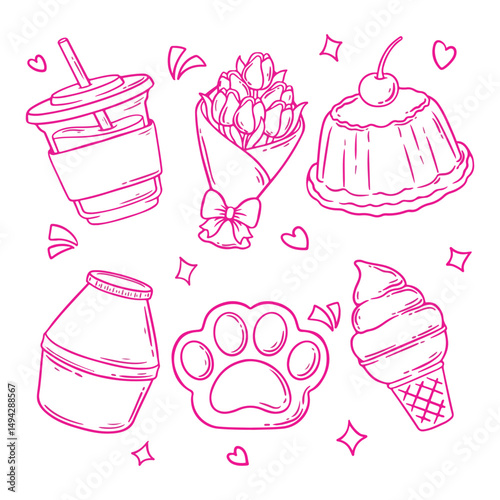 illustration art cute pink doodle milk, flower, ice cream, pudding and cat paw sticker design