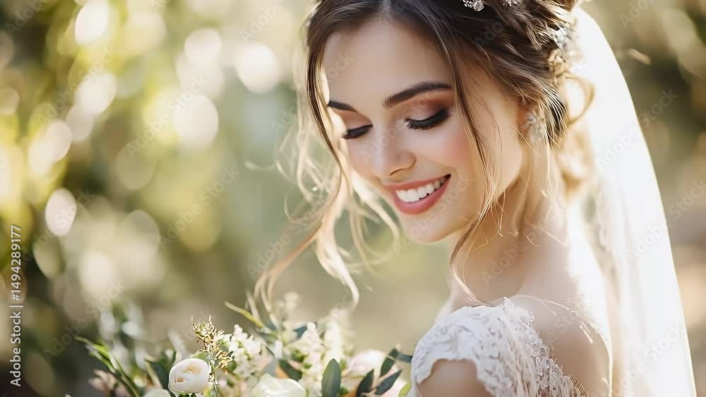 Smiling Bride with Updo Hairstyle Holding White Floral Bouquet with Bokeh Background Outdoor Smiling Bride with Updo Hairstyle Holding White Floral Bouquet with Bokeh Background Outdoor