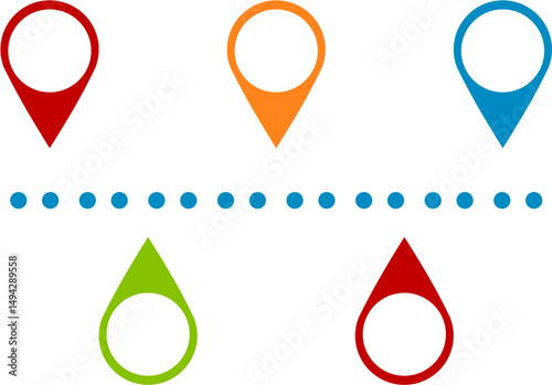 Colorful Location Markers: Map Pin Icons with Dotted Line, Isolated on White.