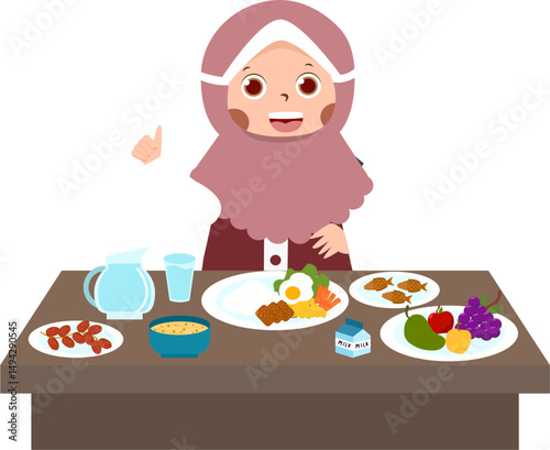 Girl in Hijab at Table with Dates, Fruits, and a Balanced Meal.