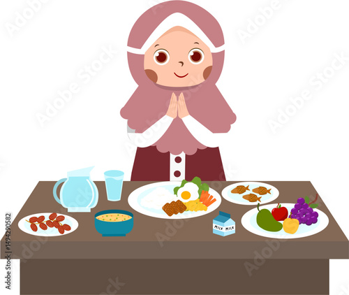 Girl in hijab with Iftar meal: dates, rice, fruit, and drink.