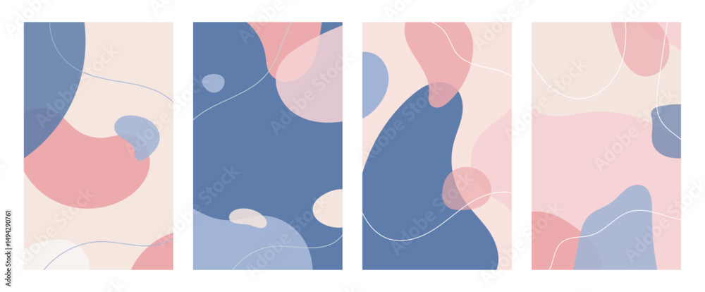 Collection of abstract pastel backgrounds with soft organic shapes and flowing white lines. Modern minimalist design perfect for social media templates, posters, web banners, and digital artwork.
