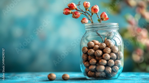 Realistic Photography of Hazel Nuts in a Jar with Blooms on a Blue Background for Wealth and Accumulation Concept