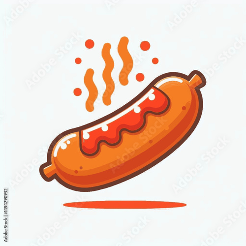Steaming hot dog with wavy ketchup outlined for a fun stylized cartoon look