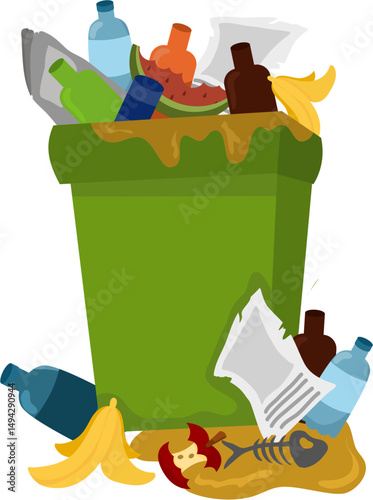 Overflowing Green Bin: Food Scraps, Bottles, and Paper Waste.