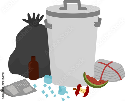 Wasteful Discard: Overflowing Bin with Food Scraps, Bag, and Recyclables.