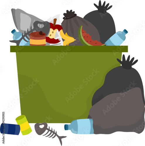 Overflowing Green Dumpster with Trash Bags and Food Waste.