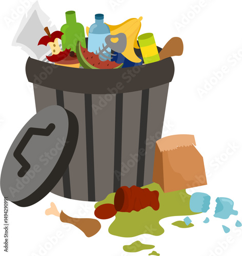 Overflowing Trash Bin with Food Waste and Spillage Illustration