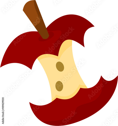 Eaten Red Apple Core: Cartoon Illustration with Seeds and Stem on White.