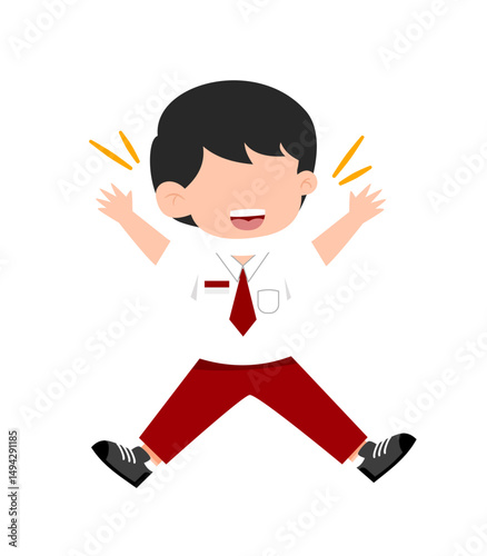 Excited Cartoon Boy in School Uniform, Arms Raised, Jumping with Joy.