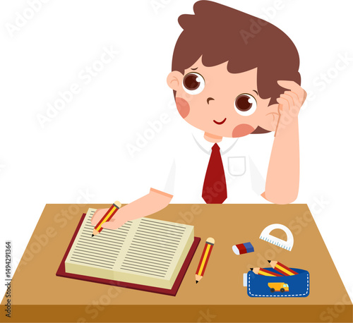 Focused Boy Studying, Open Book, Red Tie, School Desk, Cartoon Illustration.