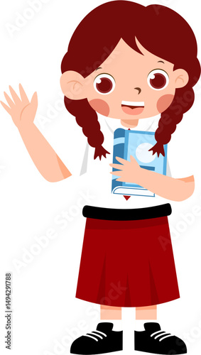 Smiling schoolgirl with braids, book in hand, waving hello in uniform.
