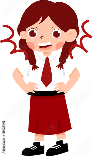 Angry Cartoon Schoolgirl with Braids and Red Uniform.