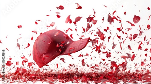 Dynamic Capture of Red Cap Surrounded by Vibrant Red Petals in Motion Against a Clean White Background