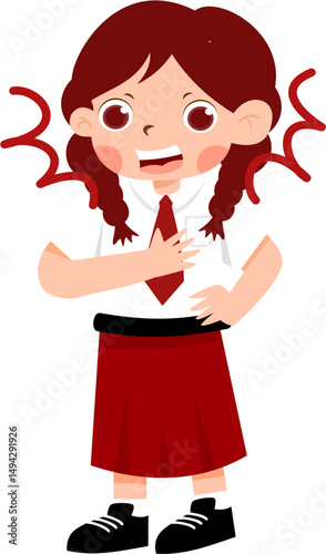 Excited schoolgirl with braids, red tie, and radiating energy, cartoon illustration.