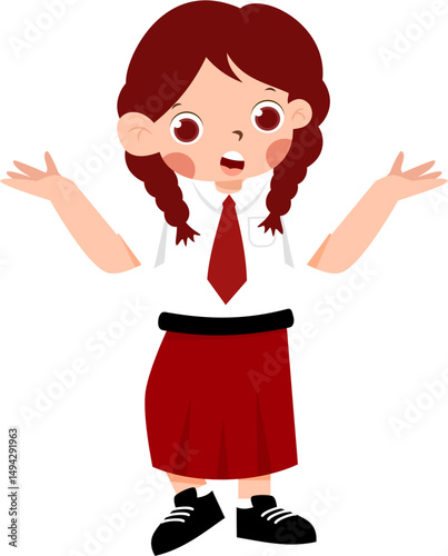 Schoolgirl with Braids, Red and White Uniform, Open Arms, Cartoon Style.