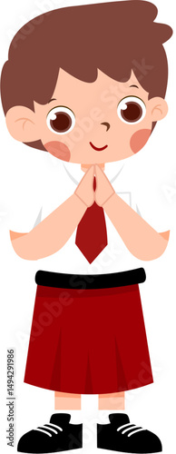 Cartoon Schoolboy with Hands in Namaste Gesture, Red Skirt and Tie.