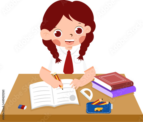Animated schoolgirl studies, braids, desk with books and stationery, smiling.