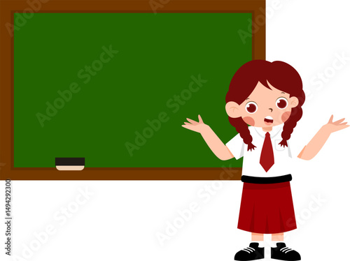 Schoolgirl Presenting at Blackboard, Pigtails, Red and White Uniform, Cartoon Style.