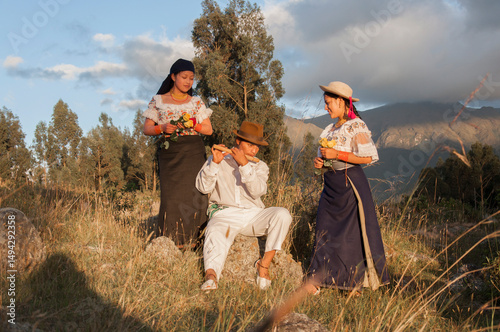 Photography Indigenous musicians playing traditional andean music in ecuadorian highlands