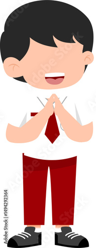Cartoon Boy in School Uniform with Hands Clasped in Greeting Gesture.