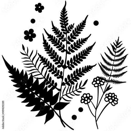 Fern Leaves & Floral Mix – Black Silhouette on White