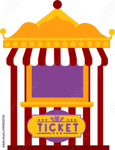 Whimsical Ticket Booth: Striped Canopy, Ornate Gold Trim, Purple Panel, Fun Fair Illustration.