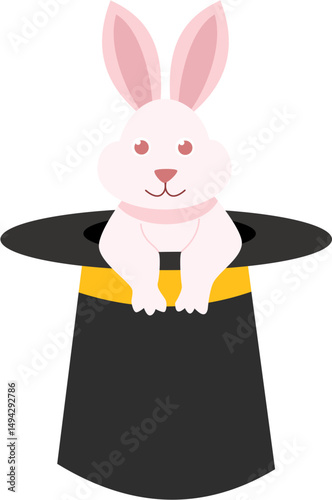 Rabbit Emerging from Black Top Hat with Gold Band, Cartoon Style Illustration