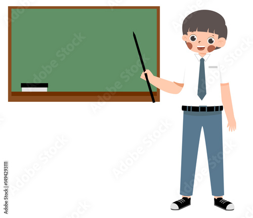 Student Pointing at Blank Chalkboard with Pointer, Classroom Illustration
