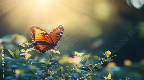 A monarch butterfly perched on a leaf with a blurry background