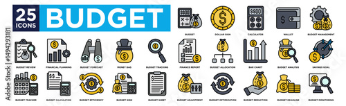 budget icon collection set. Containing design Budget, Dollar Sign, Calculator, Wallet, Budget Management,