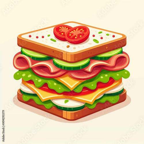Towering cartoon sandwich with vibrant layers  square bread