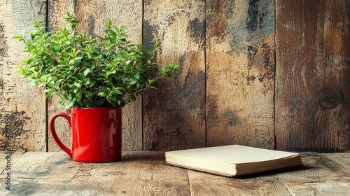 Fresh Green Plant in Red Mug on Rustic Wooden Table with Blank Pages for Creative Ideas and Inspiration