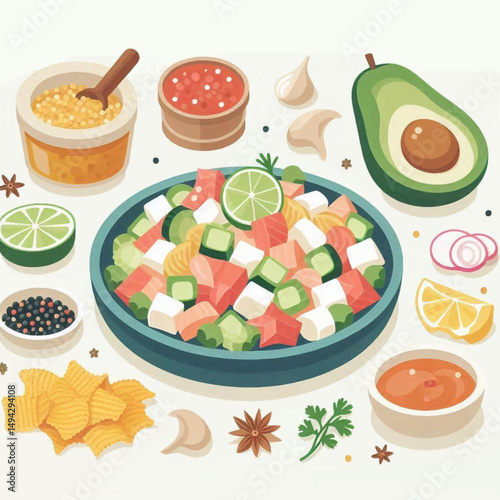 Vibrant Ceviche Feast A colorful explosion of fresh ingredients arranged for a culinary adventure