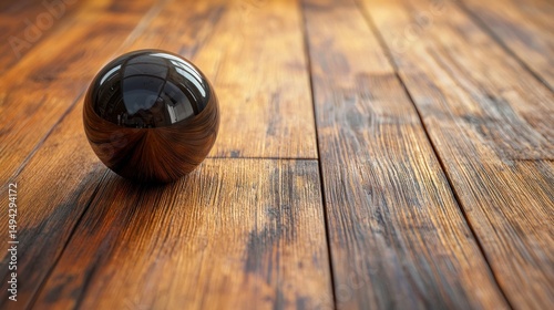 Realistic Photography of a Black Sphere on a Wooden Floor in a Spacious and Inviting Environment
