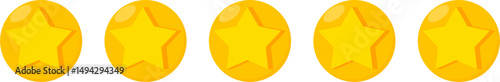 Five Golden Star Medallions in a Row, Isolated on White