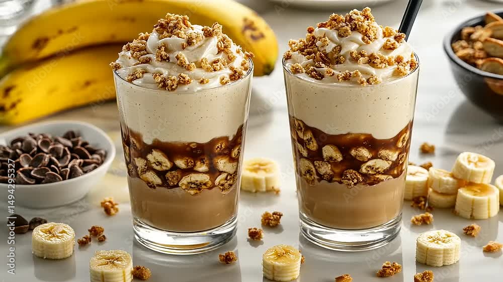 Two glasses of layered dessert with fruit, caramel, and granola topping Two glasses of layered dessert with fruit, caramel, and granola topping