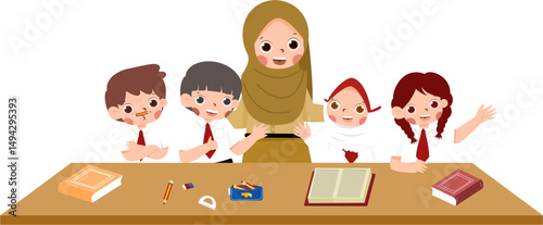 Cartoon Teacher with Students at Desk, School Supplies.