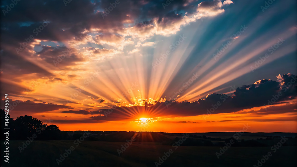 Naklejka premium Majestic Sunset Rays of Light Breaking Through Dramatic Cloudscape