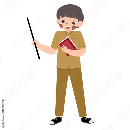 Cartoon Teacher Holding Book and Pointer, Brown Uniform.
