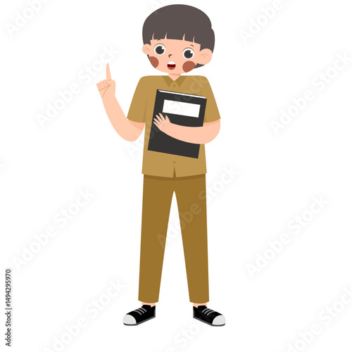 Cartoon Figure: Young Person in Tan Uniform Holding Book, Pointing Upward